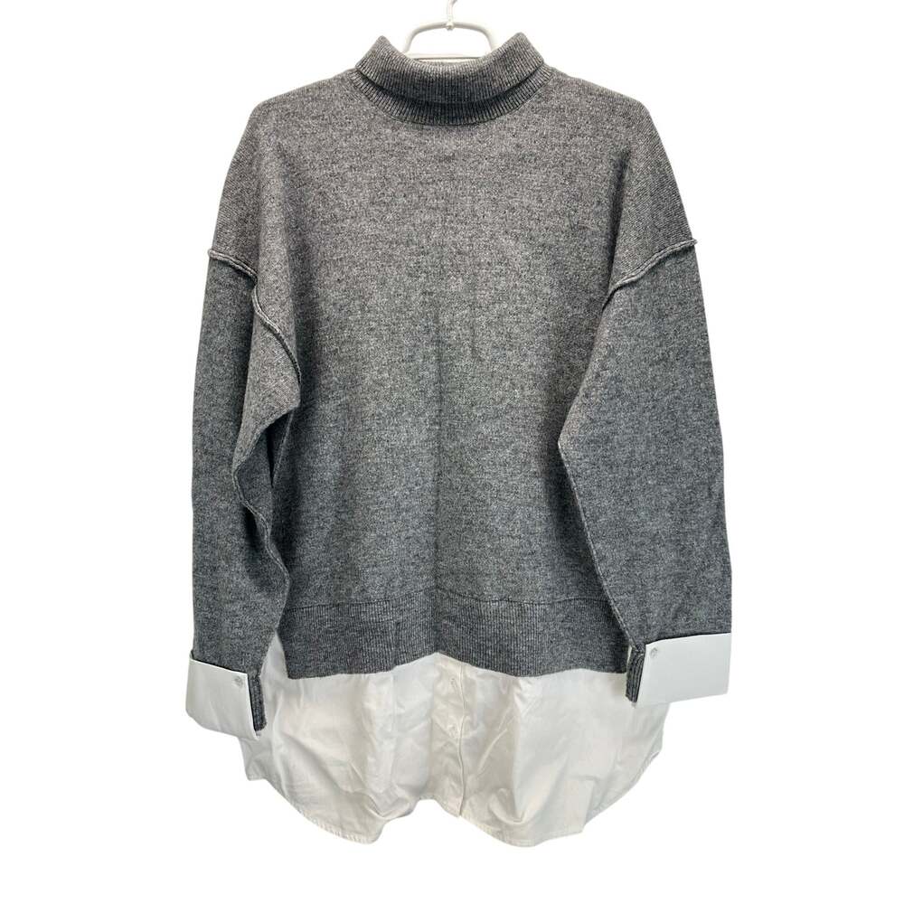 NWOT ZARA Knit Combination Poplin Mock Neck Layered Sweater Gray M